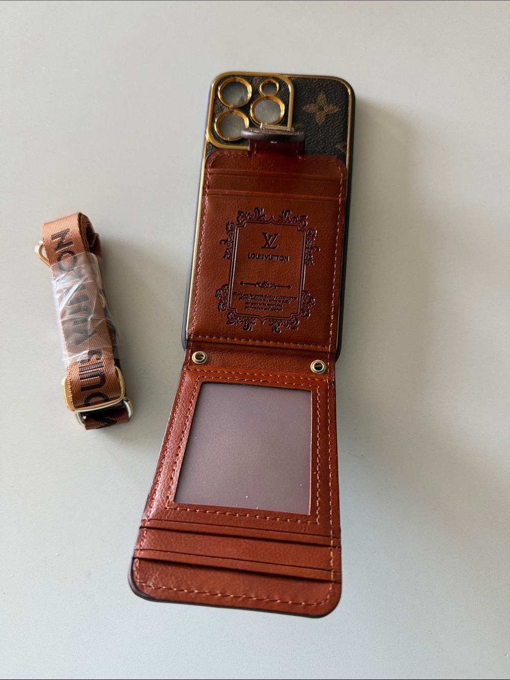 Fashion Brown Monogram Leather-Like 13 Pro Phone Case Wallet with Strap - Picture 2 of 3